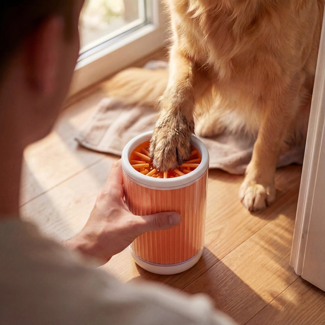 Person interacting with a dog using a pet paw cleaner.