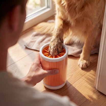 Person interacting with a dog using a pet paw cleaner.